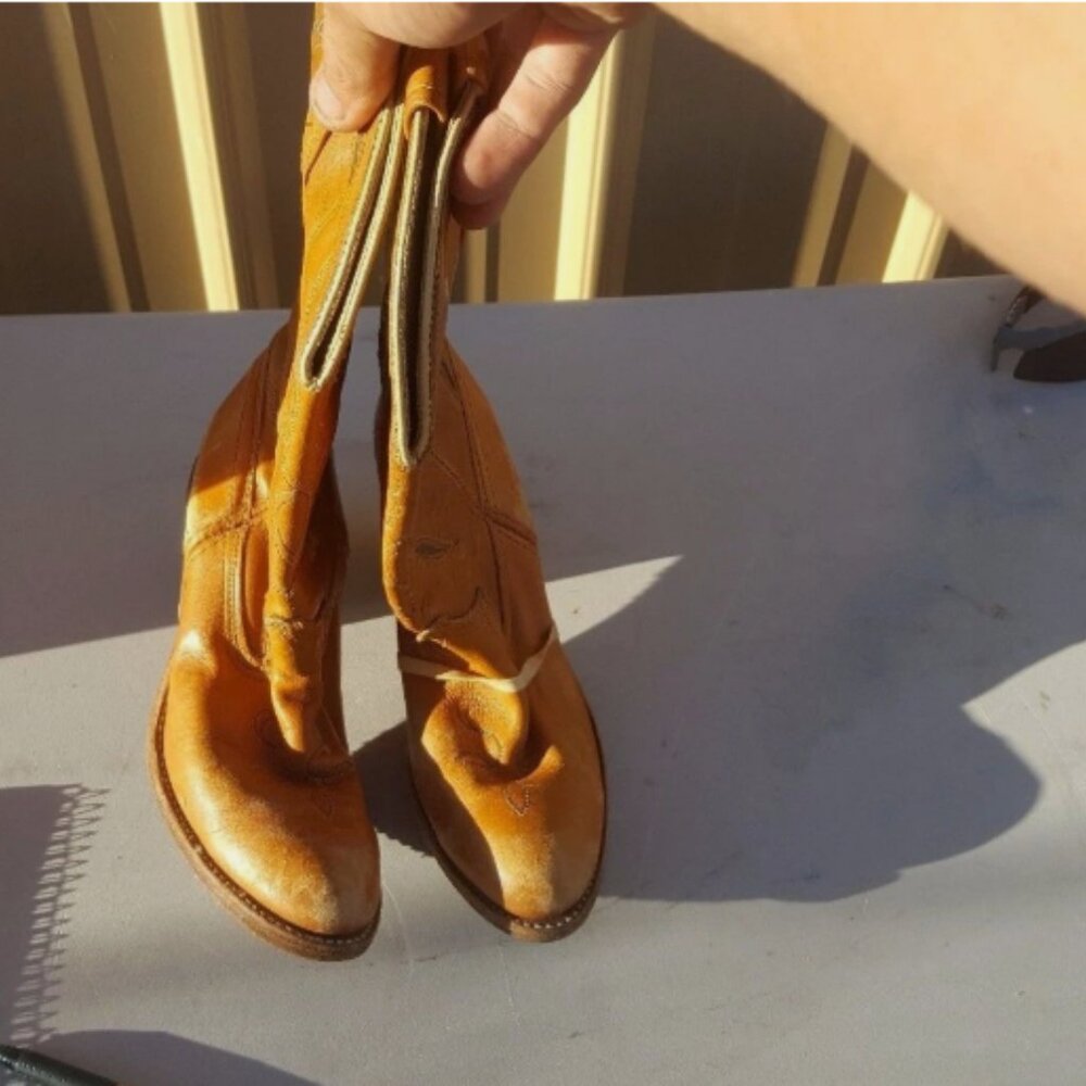 VTG DINGO ACME WOMEN'S TAN MARBLED LEATHER WESTERN sz6.5 COWBOY BOOTS RS 40402